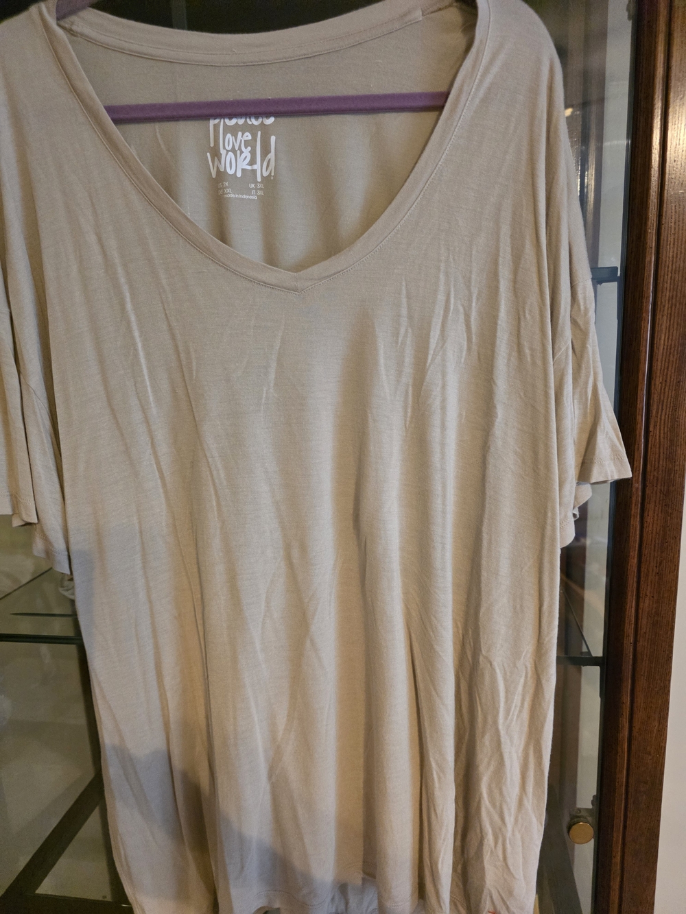 Peace Love World Women's Short Sleeve V-Neck Tee in Light Beige
